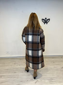 Abrigo lana cuadros largo midi con solapas forrado y bolsillos en marrón y beis