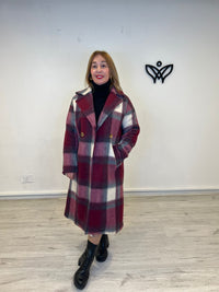 Abrigo lana de cuadros con solapas forado en  burdeos