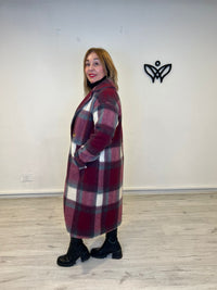 Abrigo lana de cuadros con solapas forado en  burdeos