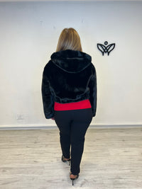 chaqueta de pelo estilo bomber con capucha negra