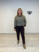 Jersey de punto de rayas cuello redondo marrón y amarillo