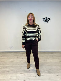 Jersey de punto de rayas cuello redondo marrón y amarillo