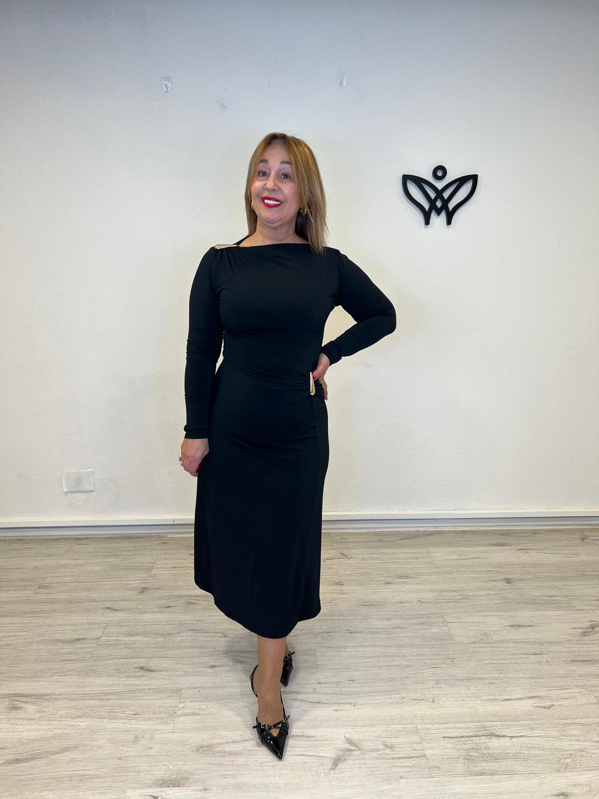 Vestido largo midi de licra de manga larga negro