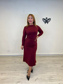 Vestido largo midi de licra de manga larga burdeos