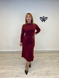 Vestido largo midi de licra de manga larga burdeos