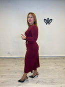 Vestido largo midi de licra de manga larga burdeos