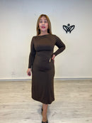 Vestido largo midi de licra manga larga marrón chocolate
