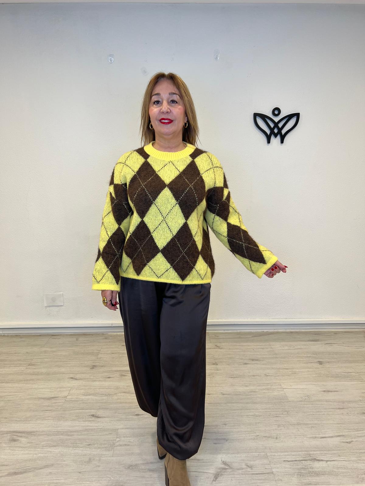 Jersey de punto de cuello redondo de rombos amarillo y marrón chocolate