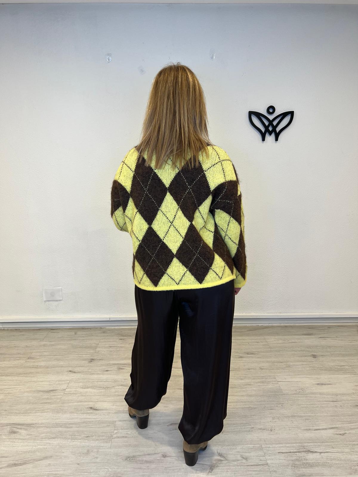 Jersey de punto de cuello redondo de rombos amarillo y marrón chocolate