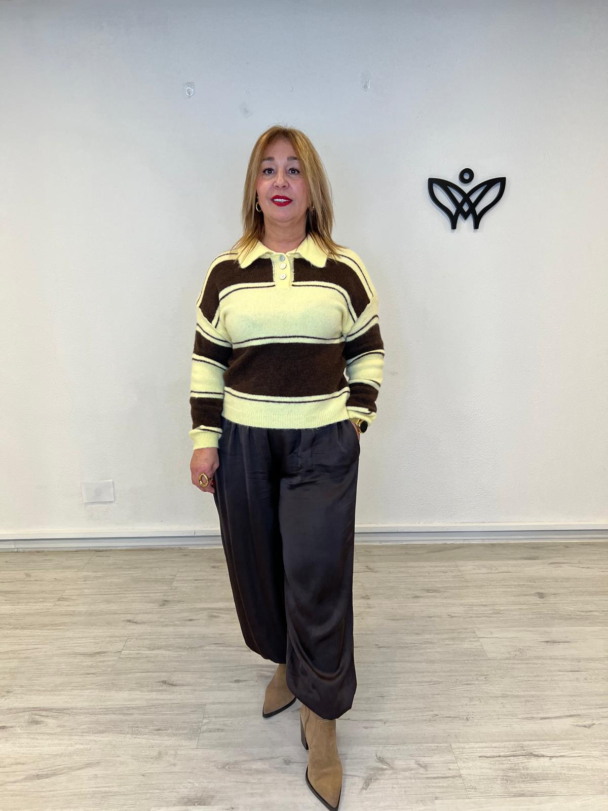 Jersey de punto de rayas cuello de polo con botones amarillo y marrón