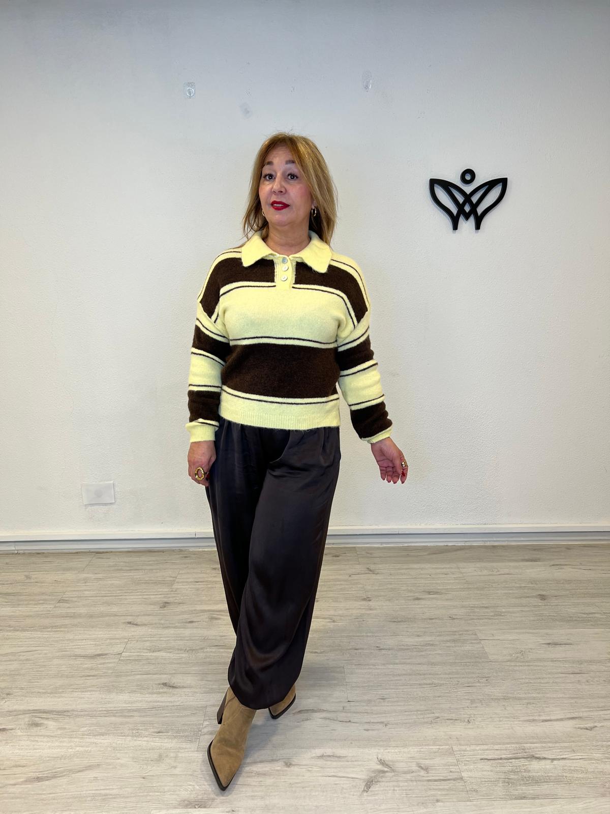 Jersey de punto de rayas cuello de polo con botones amarillo y marrón