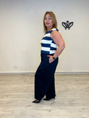 Camiseta de algodón de rayas azul marino con hombreras