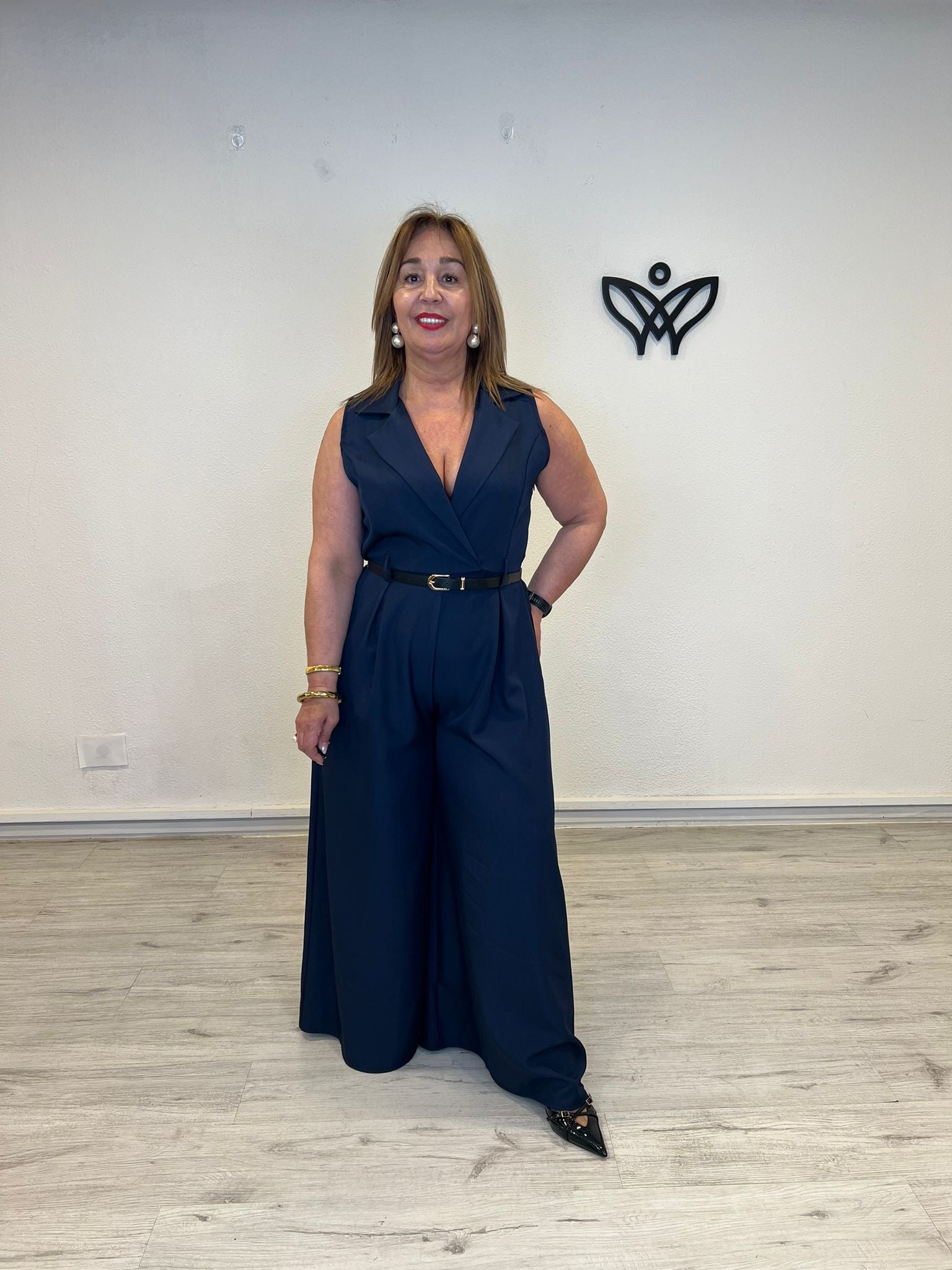 Mono palazzo azul marino mujer escote pico
