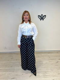 Pantalón palazzo negro con lunares blancos satinado