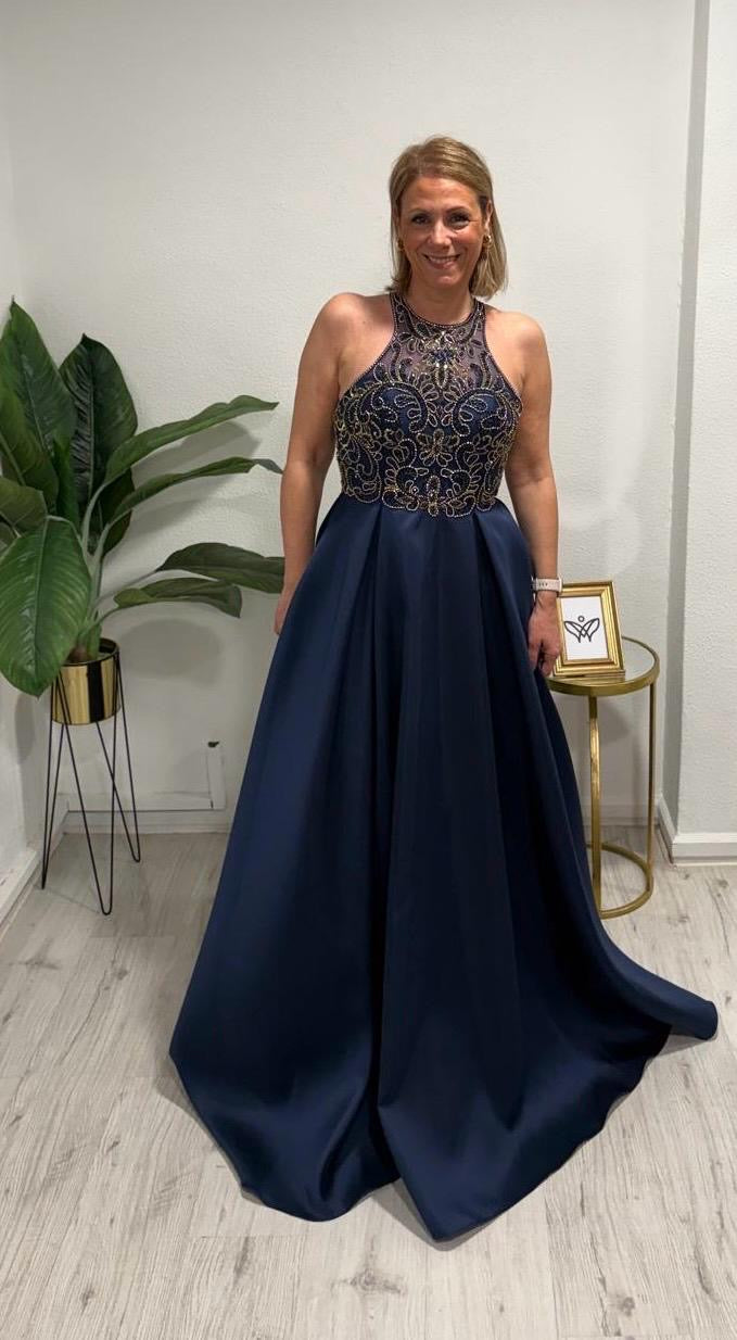 Vestido ceremonia ModFrance azul con pedrería