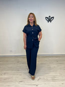 Conjunto azul marino de pantalón y casaca efecto lino