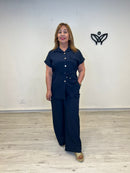 Conjunto azul marino de pantalón y casaca efecto lino