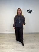 Camisa de gasa de lunares marrón chocolate con lazo