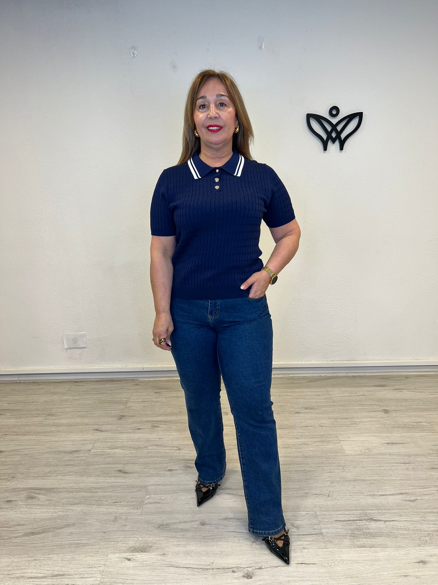 Jersey de punto fino azul marino tipo camisero