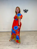 Vestido largo estampado con mangas abullonadas y escote nido de abeja