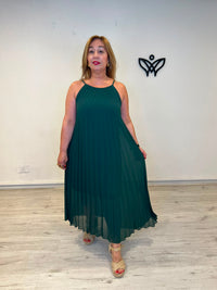 Vestido midi plisado verde con cuello halter para mujer