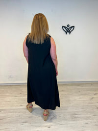 Vestido midi negro con escote pico y volante para mujer