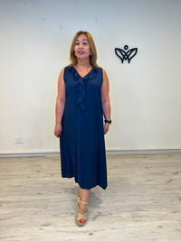 Vestido midi azul marino con escote pico y volante para mujer curvy