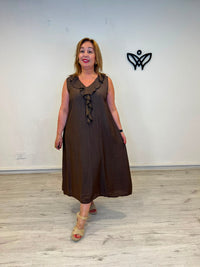 Vestido midi marrón chocolate con escote pico y volante para mujer curvy
