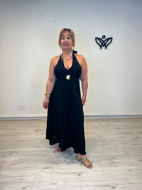 Vestido midi halter negro con detalle dorado