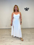 Vestido largo blanco con abertura efecto lino