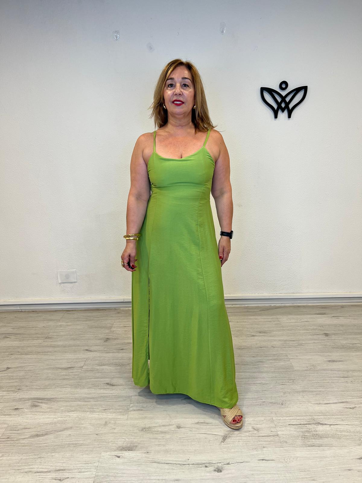 Vestido largo verde lima con abertura tejido efeto lino