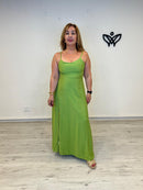 Vestido largo verde lima con abertura tejido efeto lino