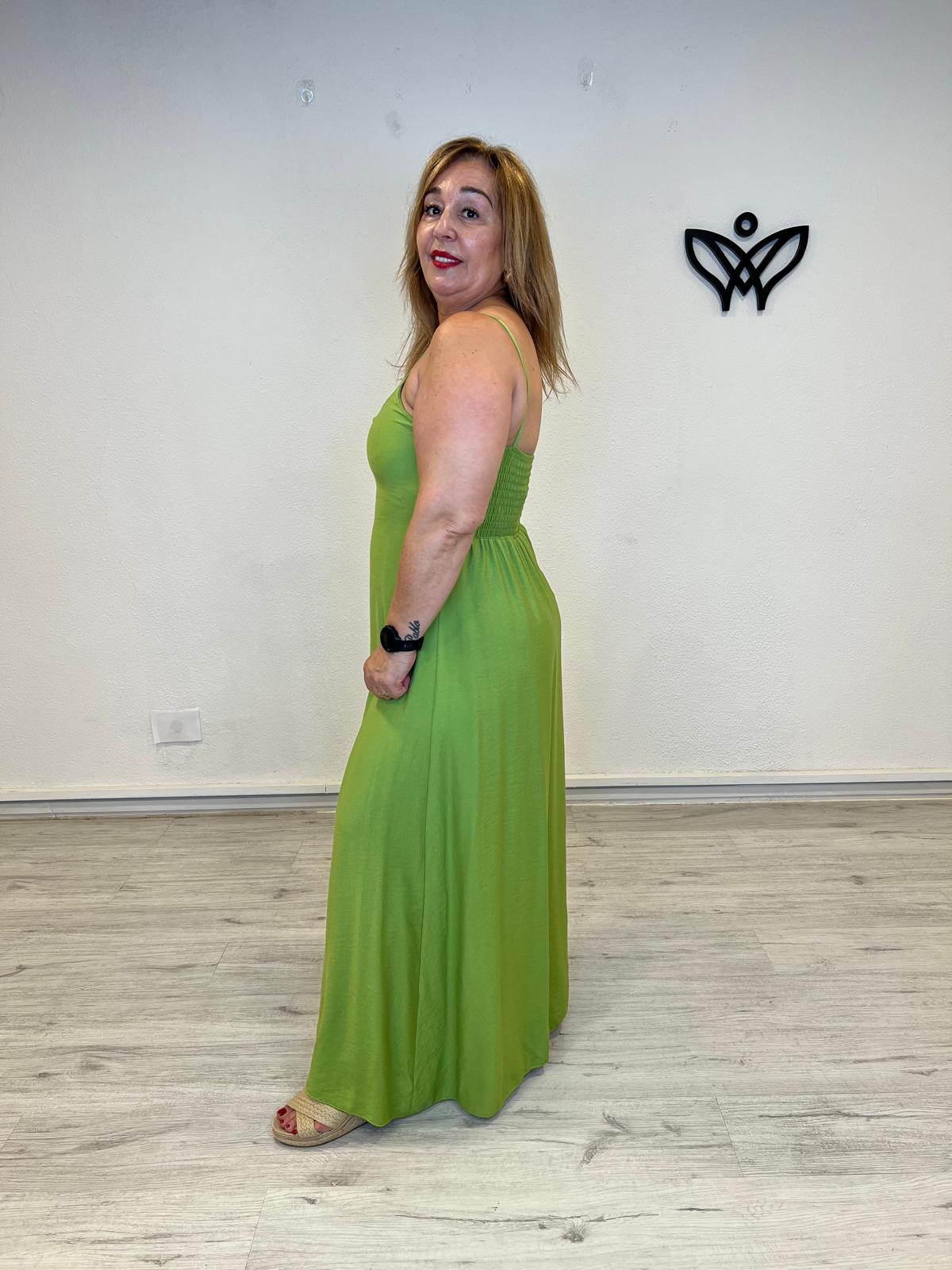Vestido largo verde lima con abertura tejido efeto lino