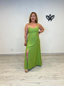 Vestido largo verde lima con abertura tejido efeto lino
