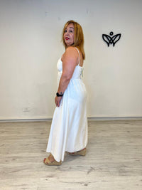 Vestido largo blanco con abertura efecto lino
