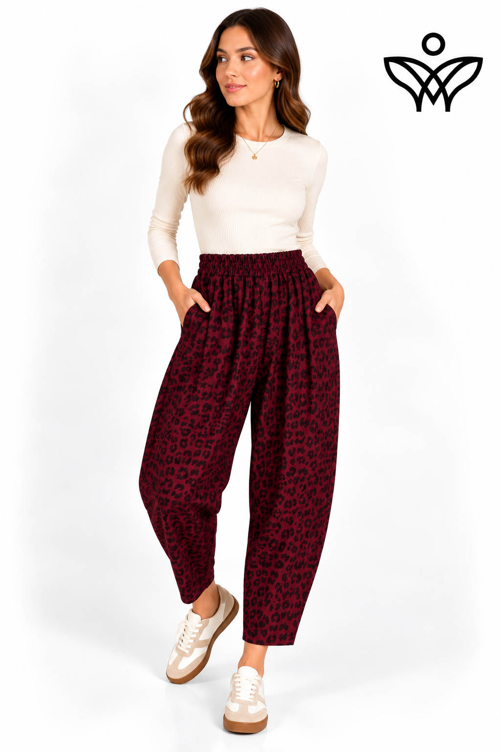 Pantalón balloon animal print burdeos con cintura elástica y bolsillos