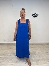Vestido largo azul con escote cuadrado y lazo en la espalda