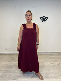 Vestido largo burdeos con escote cuadrado y tirantes de volantes