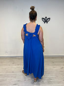 Vestido largo azul con escote cuadrado y lazo en la espalda