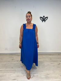 Vestido largo azul con escote cuadrado y lazo en la espalda