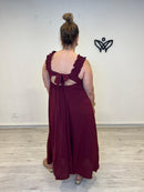 Vestido largo burdeos con escote cuadrado y tirantes de volantes