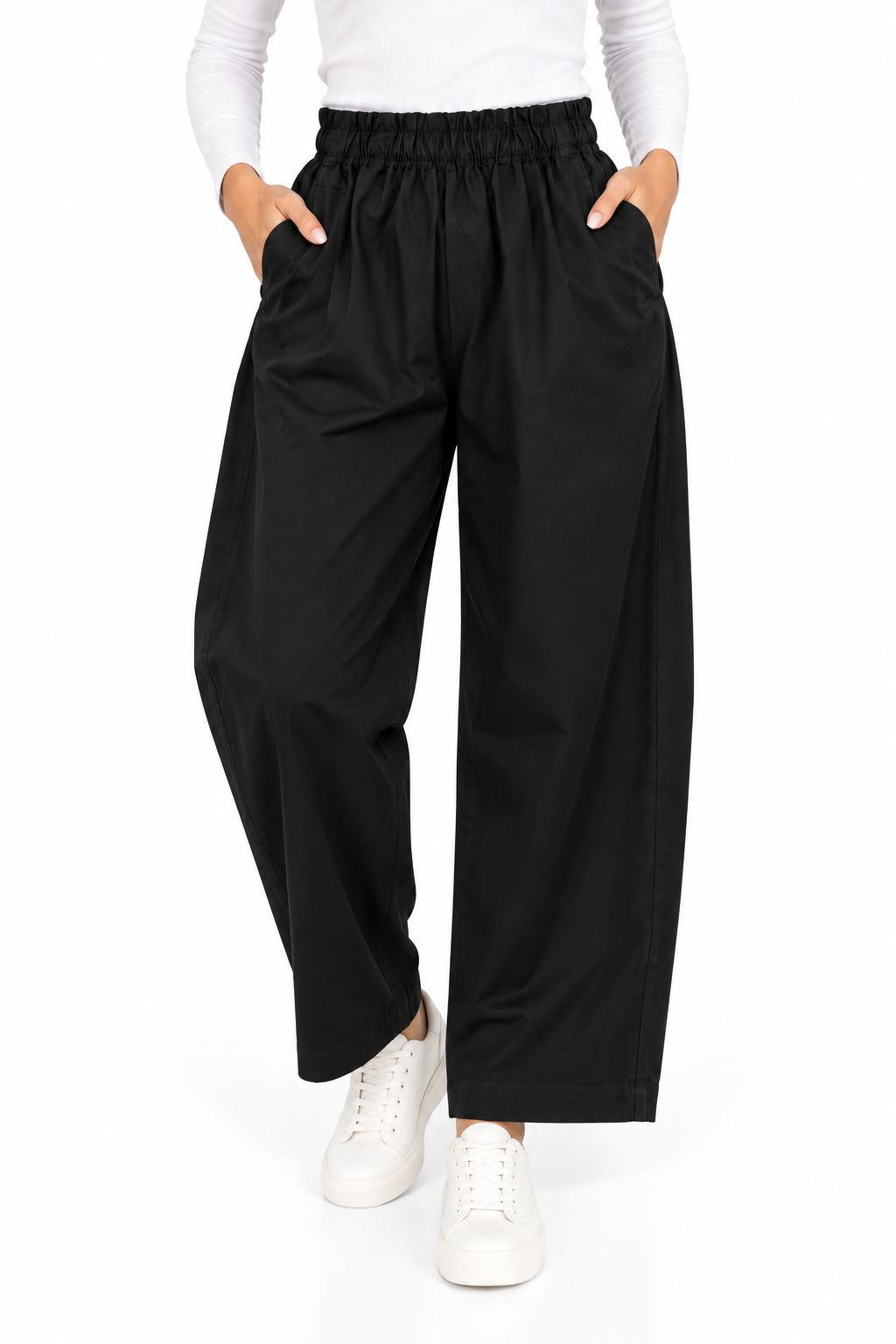 Pantalón balloon negro de mujer con cintura elástica y bolsillos