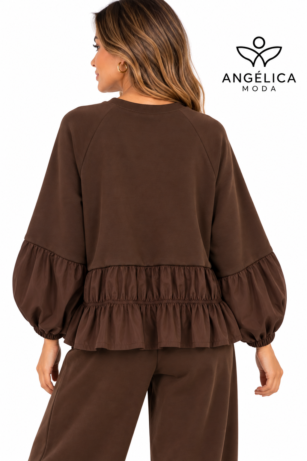 Conjunto de mujer marrón chocolate de algodón con sudadera de volante y pantalón jogger
