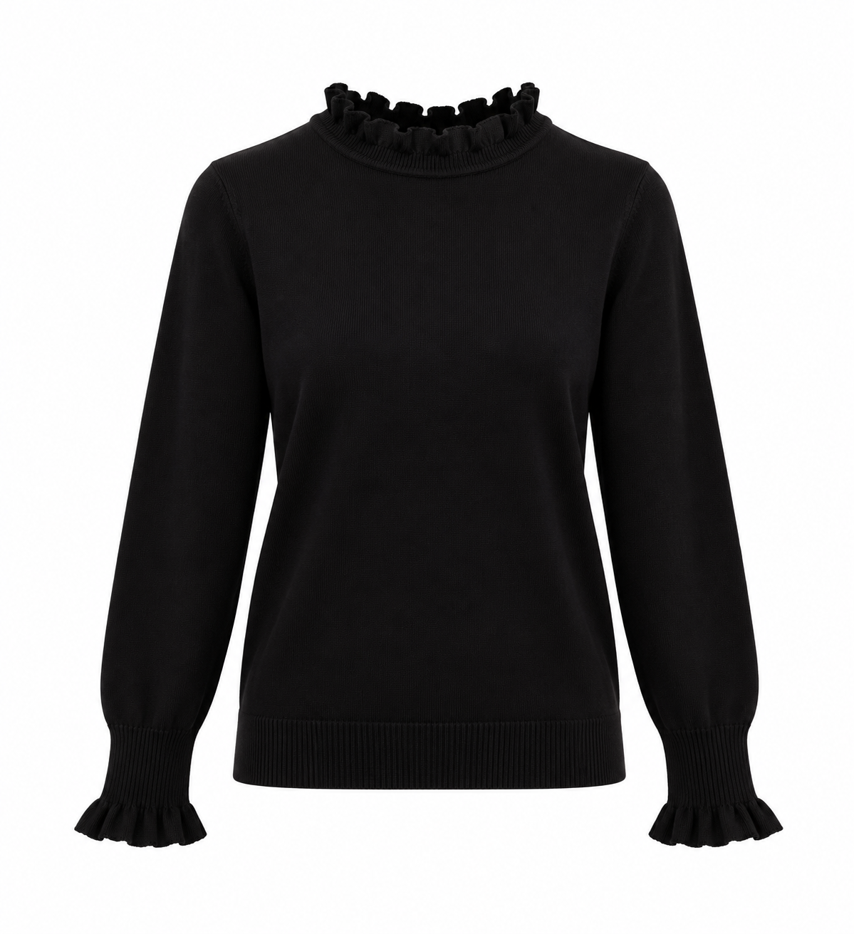 Jersey negro de mujer con volantes en cuello y puños