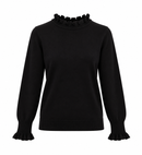 Jersey negro de mujer con volantes en cuello y puños