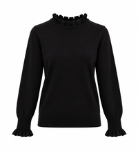 Jersey negro de mujer con volantes en cuello y puños