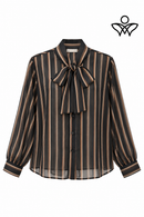 Camisa de gasa negra y beige de mujer con rayas y lazo