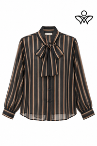 Camisa de gasa negra y beige de mujer con rayas y lazo