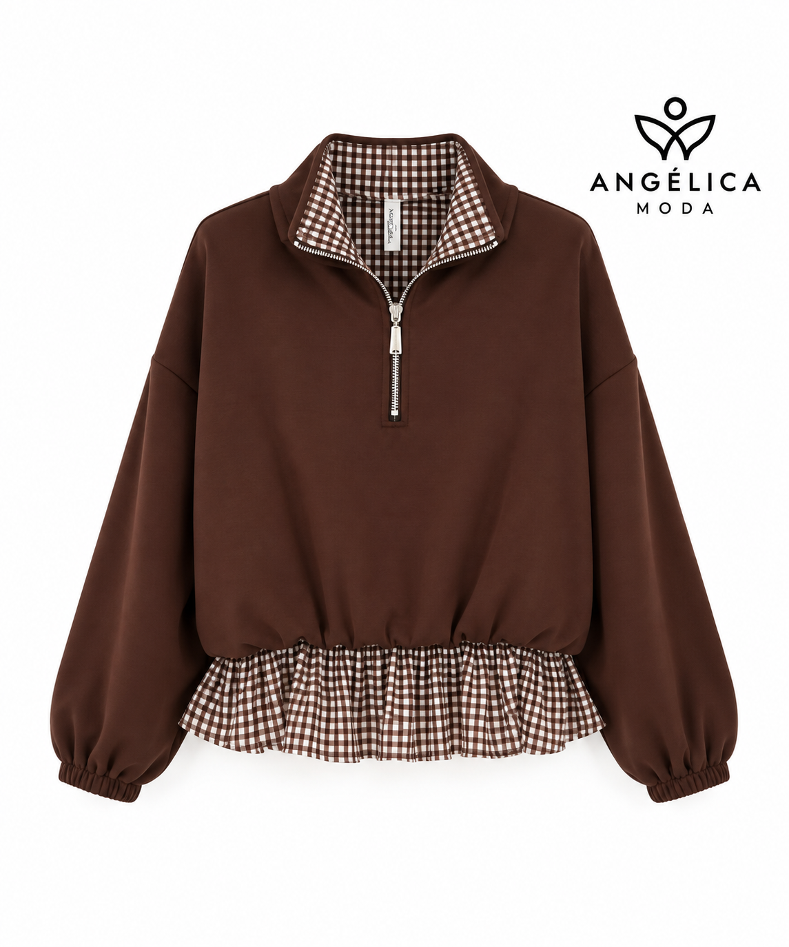 Conjunto de mujer marrón chocolate de algodón con sudadera de cuadros y pantalón ancho
