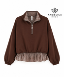 Conjunto de mujer marrón chocolate de algodón con sudadera de cuadros y pantalón ancho